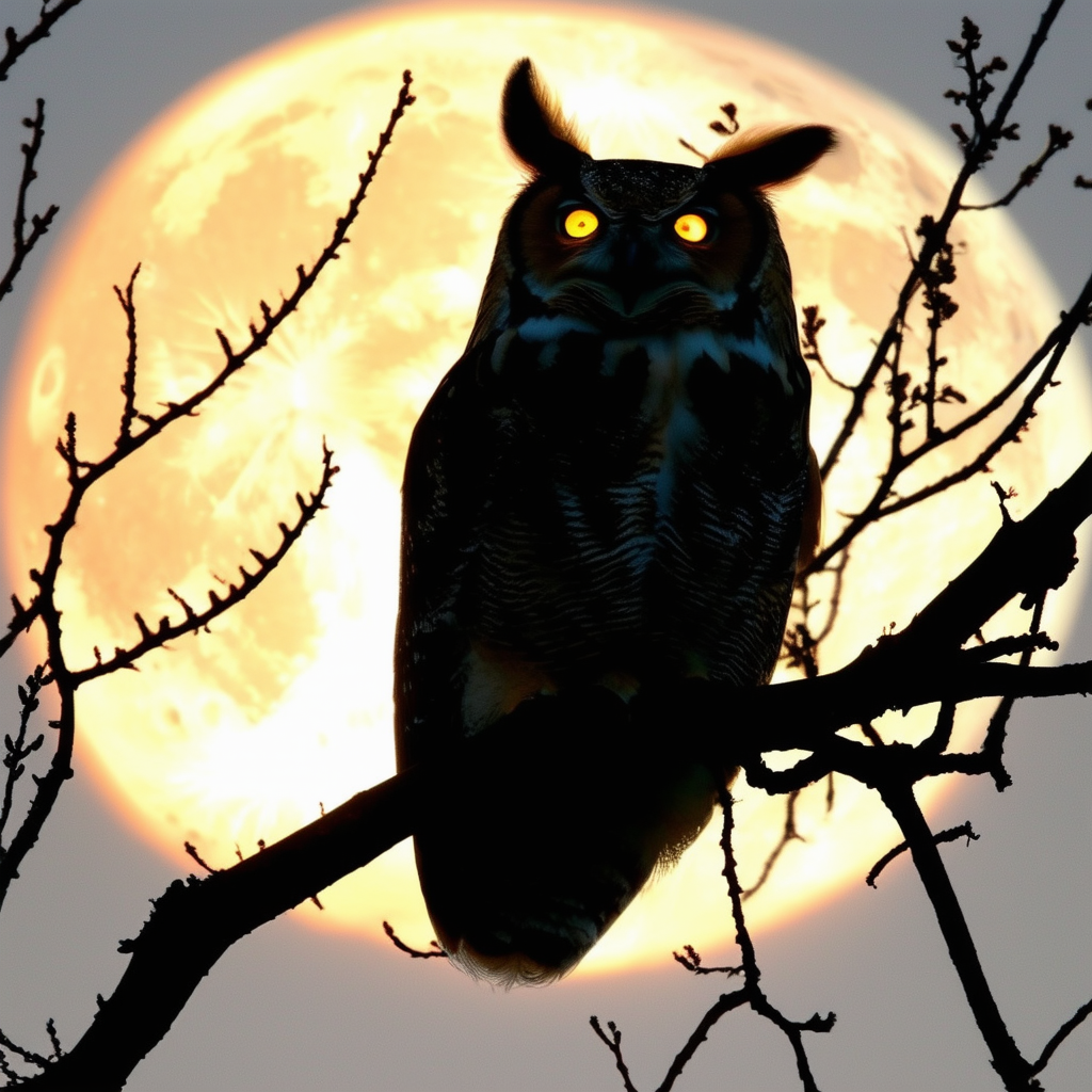 A silhouette of a great horned owl perched on a tr